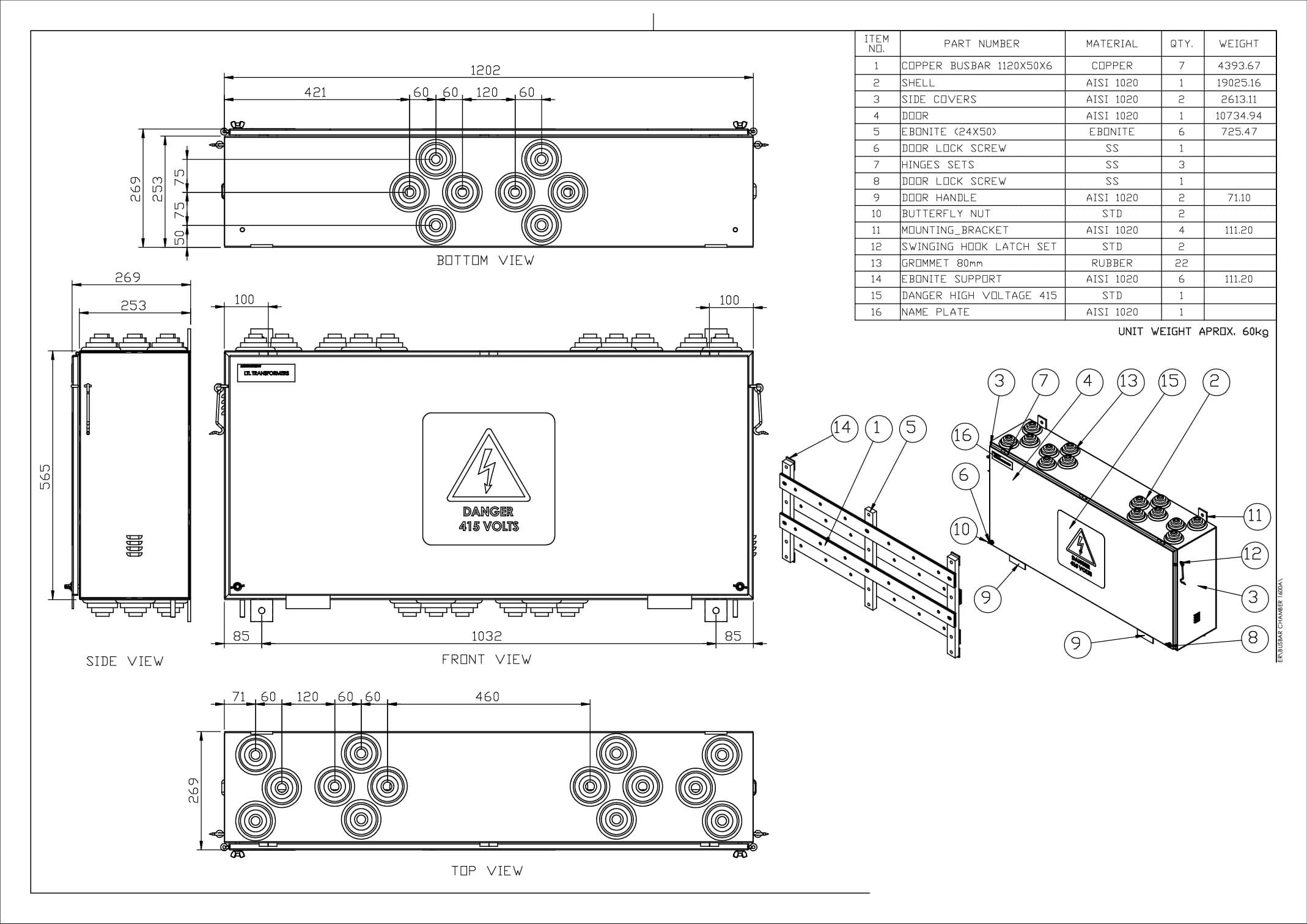 Technical drawing of the busbar chamber.