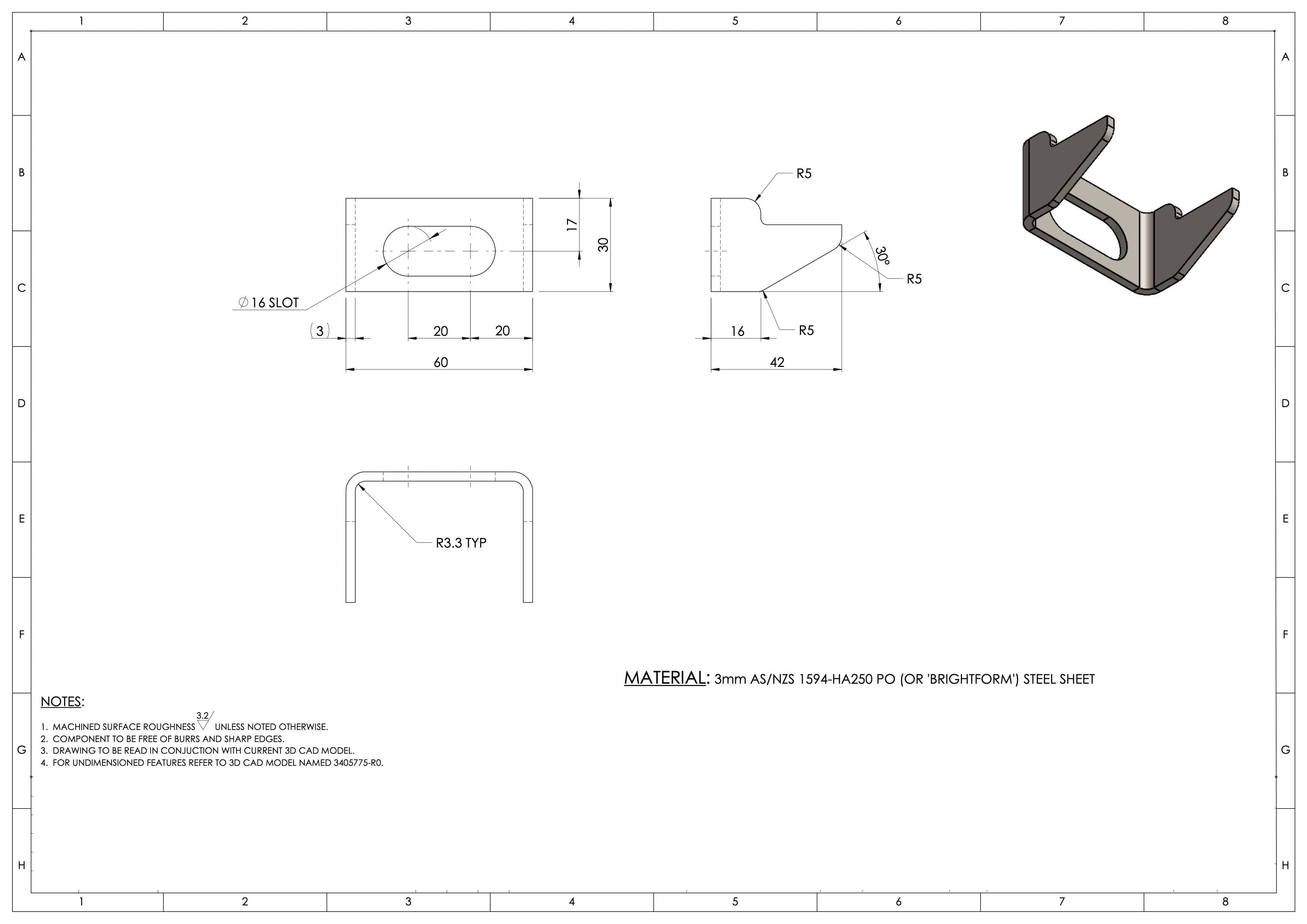 Fabrication drawing for the sheet metal component.