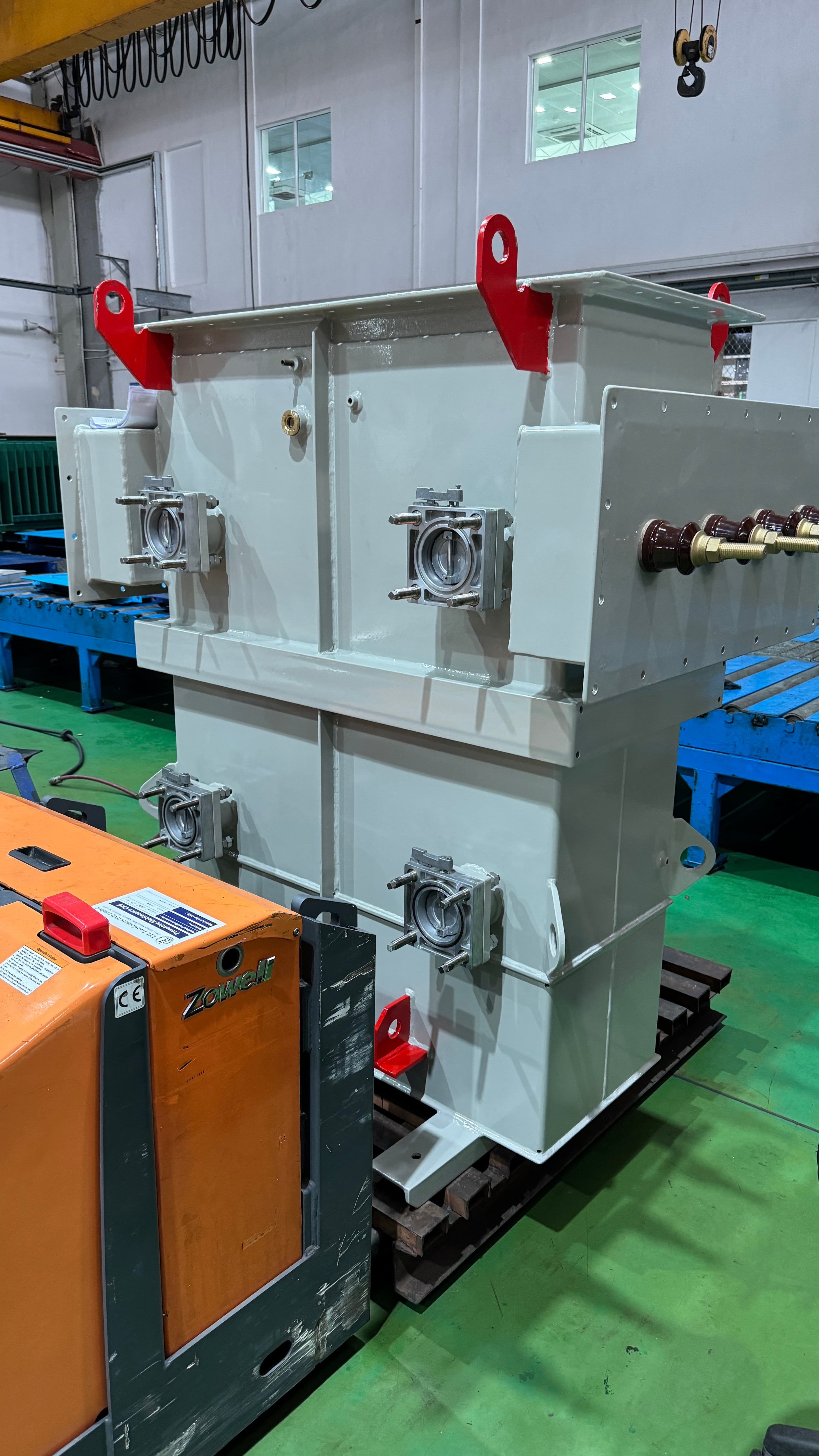 A completed substation unit ready for shipping.